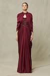 Samyukta Singhania_Maroon Gown Crepe Embroidery Cutdana Gown Sweetheart Bead Draped With Cape _Online_at_Aza_Fashions