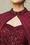 Shop_Samyukta Singhania_Maroon Gown Crepe Embroidery Cutdana Gown Sweetheart Bead Draped With Cape _Online_at_Aza_Fashions