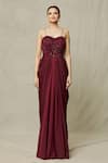 Samyukta Singhania_Maroon Gown Crepe Embroidery Cutdana Gown Sweetheart Bead Draped With Cape _at_Aza_Fashions