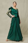 Buy_Samyukta Singhania_Emerald Green Satin Embroidery Cutdana One Shoulder Ruffle Draped Gown _at_Aza_Fashions