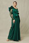 Samyukta Singhania_Emerald Green Satin Embroidery Cutdana One Shoulder Ruffle Draped Gown _Online_at_Aza_Fashions