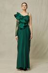 Samyukta Singhania_Emerald Green Satin Embroidery Cutdana One Shoulder Ruffle Draped Gown _at_Aza_Fashions