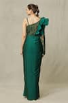 Shop_Samyukta Singhania_Emerald Green Satin Embroidery Cutdana One Shoulder Ruffle Draped Gown _at_Aza_Fashions