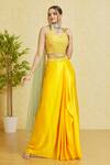 Buy_Samyukta Singhania_Yellow Satin, Silk, Net Mirrors, Embroidery V-neck Waistband Draped Skirt Set_at_Aza_Fashions