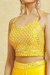 Shop_Samyukta Singhania_Yellow Satin, Silk, Net Mirrors, Embroidery V-neck Waistband Draped Skirt Set_Online_at_Aza_Fashions