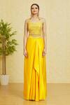 Samyukta Singhania_Yellow Satin, Silk, Net Mirrors, Embroidery V-neck Waistband Draped Skirt Set_at_Aza_Fashions
