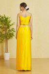 Shop_Samyukta Singhania_Yellow Satin, Silk, Net Mirrors, Embroidery V-neck Waistband Draped Skirt Set_at_Aza_Fashions