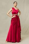 Buy_Samyukta Singhania_Red Satin Embroidery Sequin Asymmetric Draped Gown With Belt _at_Aza_Fashions