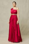 Samyukta Singhania_Red Satin Embroidery Sequin Asymmetric Draped Gown With Belt _Online_at_Aza_Fashions