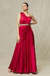 Buy_Samyukta Singhania_Red Satin Embroidery Sequin Asymmetric Draped Gown With Belt _Online_at_Aza_Fashions