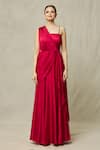 Samyukta Singhania_Red Satin Embroidery Sequin Asymmetric Draped Gown With Belt _at_Aza_Fashions