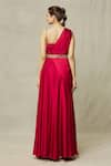 Shop_Samyukta Singhania_Red Satin Embroidery Sequin Asymmetric Draped Gown With Belt _at_Aza_Fashions