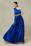 Buy_Samyukta Singhania_Blue Satin Embroidery Sequin Asymmetric Draped Gown With Belt _at_Aza_Fashions