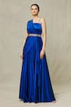 Samyukta Singhania_Blue Satin Embroidery Sequin Asymmetric Draped Gown With Belt _Online_at_Aza_Fashions