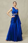 Buy_Samyukta Singhania_Blue Satin Embroidery Sequin Asymmetric Draped Gown With Belt _Online_at_Aza_Fashions