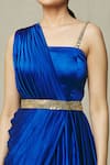 Shop_Samyukta Singhania_Blue Satin Embroidery Sequin Asymmetric Draped Gown With Belt _Online_at_Aza_Fashions