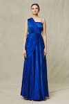 Samyukta Singhania_Blue Satin Embroidery Sequin Asymmetric Draped Gown With Belt _at_Aza_Fashions