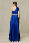 Shop_Samyukta Singhania_Blue Satin Embroidery Sequin Asymmetric Draped Gown With Belt _at_Aza_Fashions