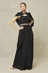 Buy_Samyukta Singhania_Black Crepe Embroidery Dabka Gown Sweetheart Neck Draped With Cape _at_Aza_Fashions