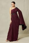 Buy_Samyukta Singhania_Wine Crepe Embroidery Nalki Asymmetric Placement Draped Gown _at_Aza_Fashions