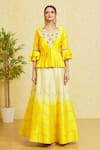Khwaab by Sanjana Lakhani_Yellow Silk Embroidery Cord Leaf Neck Lehenga And Blouse Set_at_Aza_Fashions