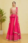 Samyukta Singhania_Pink Peplum Top And Lehenga Silk Embroidery Zari Sweetheart Neck Placement Set _Online_at_Aza_Fashions