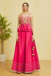 Buy_Samyukta Singhania_Pink Peplum Top And Lehenga Silk Embroidery Zari Sweetheart Neck Placement Set 