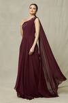 Buy_Samyukta Singhania_Wine Georgette Embroidery Cutdana Asymmetric One Shoulder Draped Gown _at_Aza_Fashions