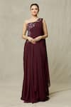 Shop_Samyukta Singhania_Wine Georgette Embroidery Cutdana Asymmetric One Shoulder Draped Gown _Online_at_Aza_Fashions