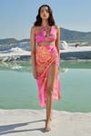 Buy_Tizzi_Pink Chiffon Satin Print Abstract Aqua Marine Side Slit Skirt _at_Aza_Fashions