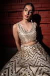 Vandana Sethi_Ivory Dupion Silk Embroidered Zardozi V Neck Geometric Embellished Lehenga Set _Online_at_Aza_Fashions