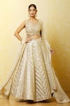 Vandana Sethi_Ivory Dupion Silk Embroidered Zardozi V Neck Geometric Embellished Lehenga Set _at_Aza_Fashions