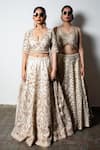 Shop_Vandana Sethi_Ivory Dupion Silk Embroidered Zardozi V Neck Geometric Embellished Lehenga Set _Online_at_Aza_Fashions