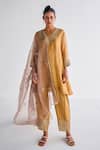 Buy_Esha Arora_Gold Cotton Satin, Linen, Chiffon Embroidery, Zari V-neck Zardosi Kurta Set _at_Aza_Fashions