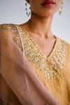 Esha Arora_Gold Cotton Satin, Linen, Chiffon Embroidery, Zari V-neck Zardosi Kurta Set _at_Aza_Fashions