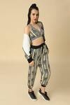 Neha Gursahani_Black Satin, Linen Embroidery V-neck, Striped Tiger Print Jacket Jogger Pant Set _Online_at_Aza_Fashions