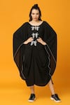 Buy_Neha Gursahani_Black Georgette Embroidery, Beads Round Neck Solid Pre-draped Kaftan Dress _at_Aza_Fashions