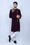 Buy_Arihant Rai Sinha_Wine Sherwani Terry Rayon Embroidered Thread Zardozi Set _at_Aza_Fashions