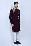 Arihant Rai Sinha_Wine Sherwani Terry Rayon Embroidered Thread Zardozi Set _at_Aza_Fashions