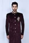 Buy_Adara Khan_Brown Sherwani Velvet Embroidered Zari Thread Placement Set_Online_at_Aza_Fashions