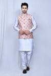 Buy_Arihant Rai Sinha_Peach Art Silk Printed Checkered Nehru Jacket _at_Aza_Fashions