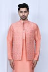 Shop_Arihant Rai Sinha_Orange Art Silk Embroidered Thread Work Open Bundi Kurta Set _Online_at_Aza_Fashions