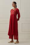 Buy_Kamaltaas_Red Cotton Slub Hand Embroidered Pittan Sleeve And Yoke Kurta Set  