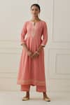 Buy_Kamaltaas_Pink Cotton Slub Hand Embroidered Pittan Panel Anarkali And Pant Set  _at_Aza_Fashions