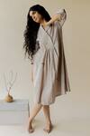 Buy_Nirjara_Beige Handloom Cotton Embellished Bead V Neck Tesu A-line Dress_at_Aza_Fashions