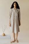 Nirjara_Beige Handloom Cotton Embellished Bead V Neck Tesu A-line Dress_Online_at_Aza_Fashions