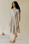 Buy_Nirjara_Beige Handloom Cotton Embellished Bead V Neck Tesu A-line Dress_Online_at_Aza_Fashions