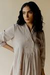 Shop_Nirjara_Beige Handloom Cotton Embellished Bead V Neck Tesu A-line Dress_Online_at_Aza_Fashions