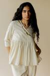 Nirjara_Off White Handloom Cotton Embellished Bead V Neck Ren Kediyu Neckline Top_at_Aza_Fashions