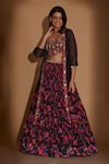 Buy_Show Shaa_Black Satin Embroidered Floral Capeopen Sheer Border Cape Lehenga Set _at_Aza_Fashions